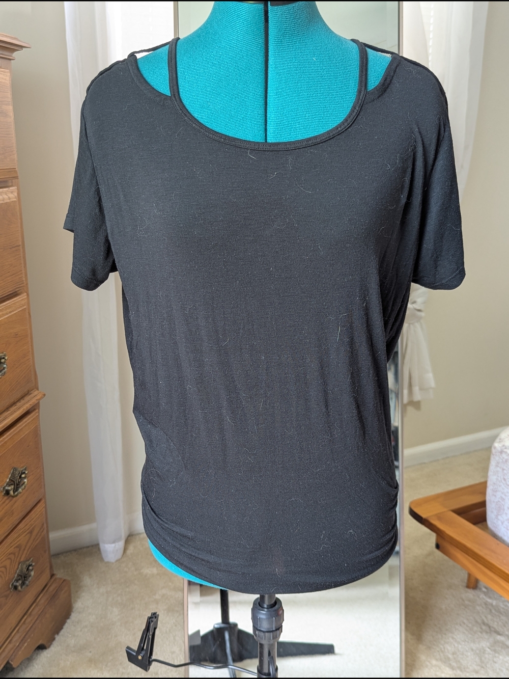 Black Short-Sleeve Layered Neck, Open Back Women's Workout Top